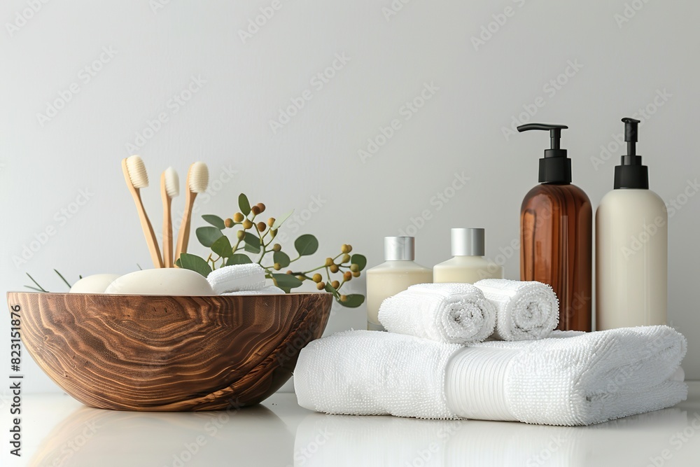 Natural skin care cosmetic tubes. Bathroom shelf with various hygiene accessories. Spa towel, different containers natural wood, brown glass. Bio beauty products. Light gray background. Shampoo, soap Natural skin care cosmetic tubes. Bathroom shelf with various hygiene accessories. Spa towel, different containers natural wood, brown glass. Bio beauty products. Light gray background. Shampoo, soap