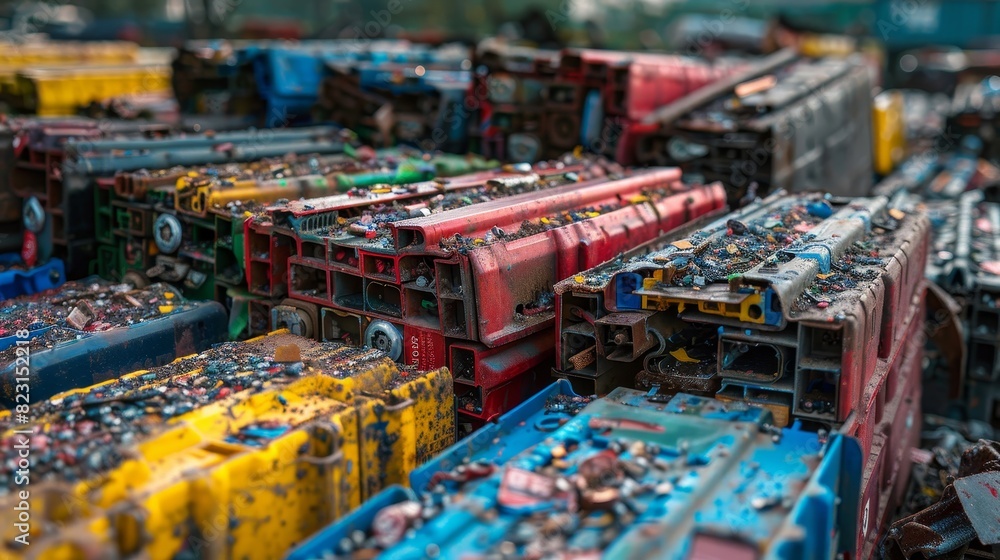 A pile of old train cars are stacked on top of each other