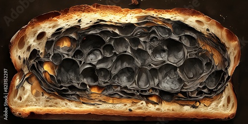 Close-up of burnt toast showing a unique charred pattern. The dark crust contrasts the lighter, unburnt bread edges. photo