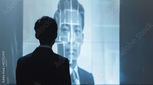 A man is seen wearing a sleek suit in the virtual fitting room which is projected onto the blank walls using augmented reality technology.