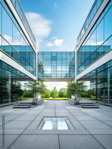 Modern Corporate Office Building Entrance with Sky Reflection