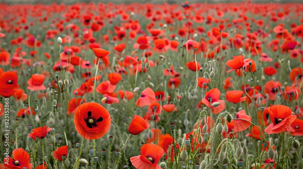 Obraz premium Beautiful field of red poppies blooming in spring. Bright flowers create stunning scenery. Ideal for nature and floral imagery. AI