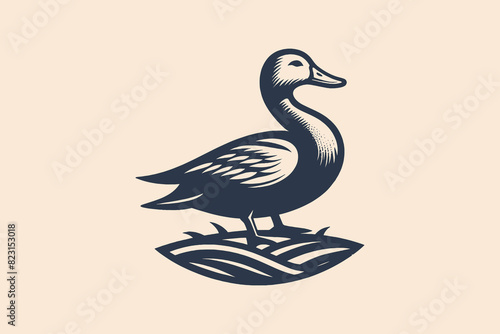 Duck. vintage logo, emblem. Retro print, vector illustration. Black and white print