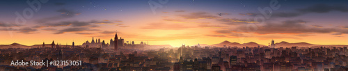 Enchanting Sunset Over Magical Cityscape Fantasy Art