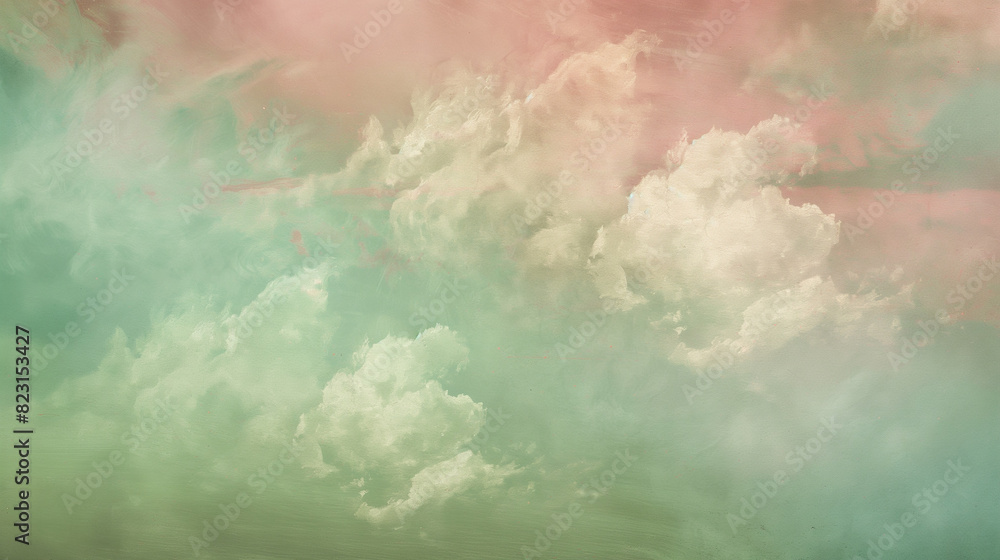 Background of Renaissance Clouds Painting: Pastel Mint Green & Peach, Mid-Morning Soft Dreamy Light