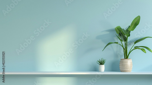 Interior wall mockup including a shelf, light blue wall, and green plant.