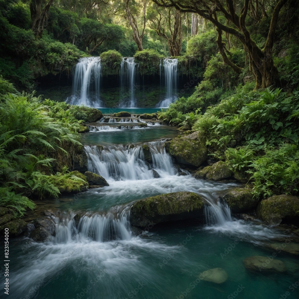 A serene hobbit waterfall hidden deep within a verdant forest, its waters cascading into a crystal-clear pool below.

