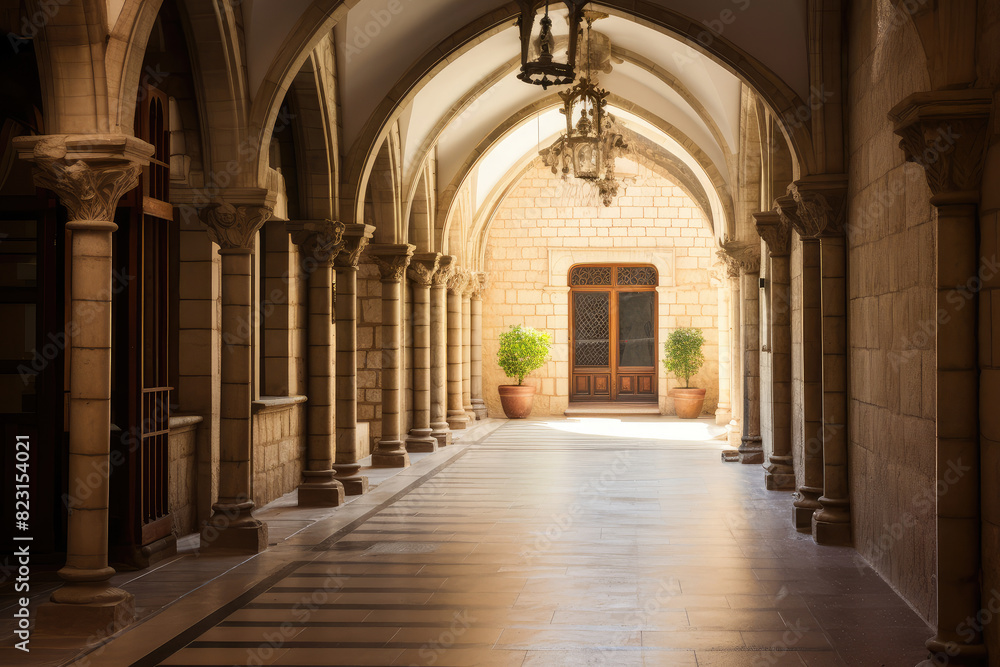 Sunlit Arched Corridor in Timeless Elegance