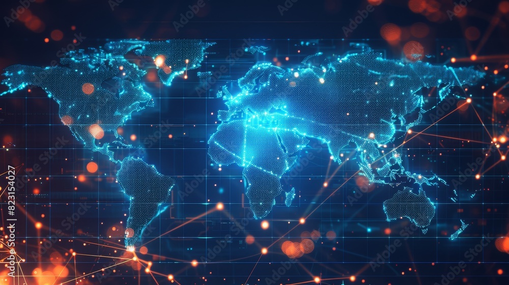 Conceptual illustration of a global digital network with interconnected nodes and data flowing across continents, highlighting worldwide connectivity.