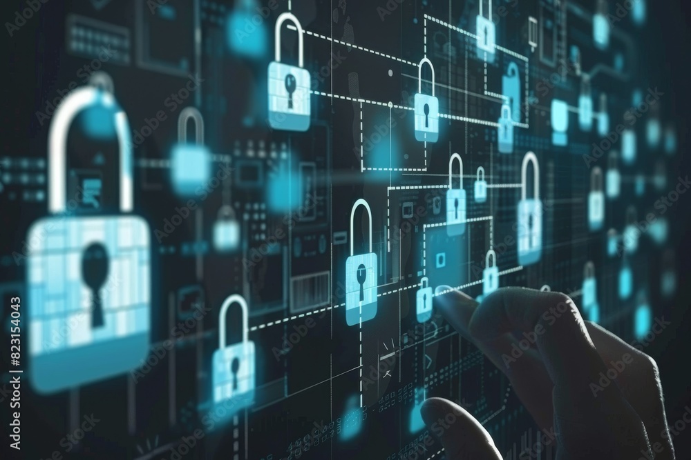 Naklejka premium Dark Cybersecurity Interface with Multiple Lock Icons in Glowing Blue