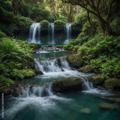 A serene hobbit waterfall hidden deep within a verdant forest, its waters cascading into a crystal-clear pool below.