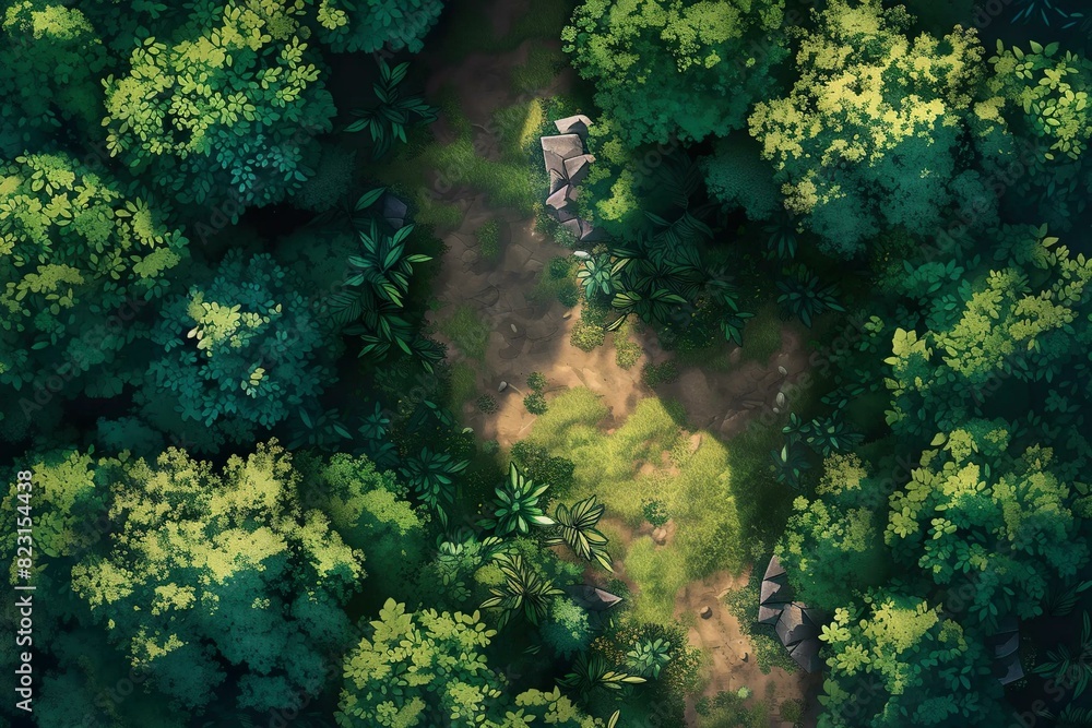 DnD Battlemap Sacred Grove Battlemap: Dense forest with mysterious ruins.