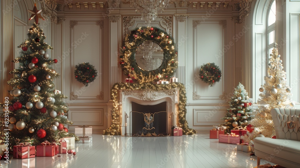 Christmas ballroom backdrop, Christmas items around the perimeter, empty space in the center. Generative AI. Christmas ballroom backdrop, Christmas items around the perimeter, empty space in the center. Generative AI.