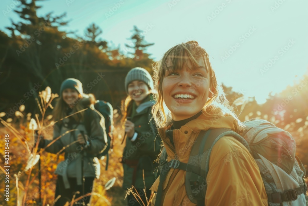 People hiking in mountains, enjoying active rest and breathtaking views People hiking in mountains, enjoying active rest and breathtaking views