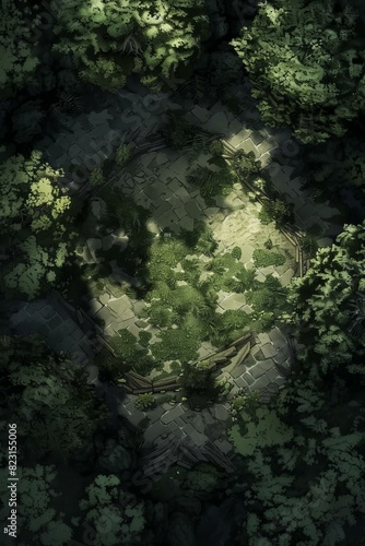 DnD Battlemap Shadowy forest clearing, mysterious and tranquil nature scene.