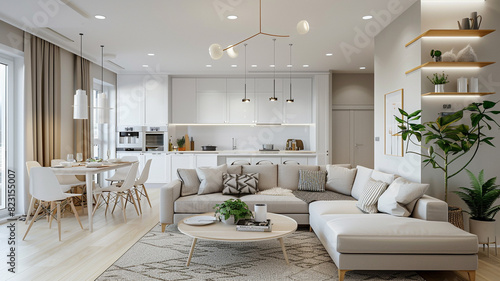 Modern Scandinavian apartment interior design, with living and dining rooms and a panoramic 3D illustration.