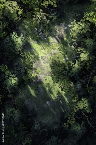 DnD Battlemap Shadowy Forest Clearing  Mysterious forest scenery with a secluded feel.