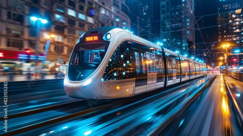 A train is traveling down a track in a city at night