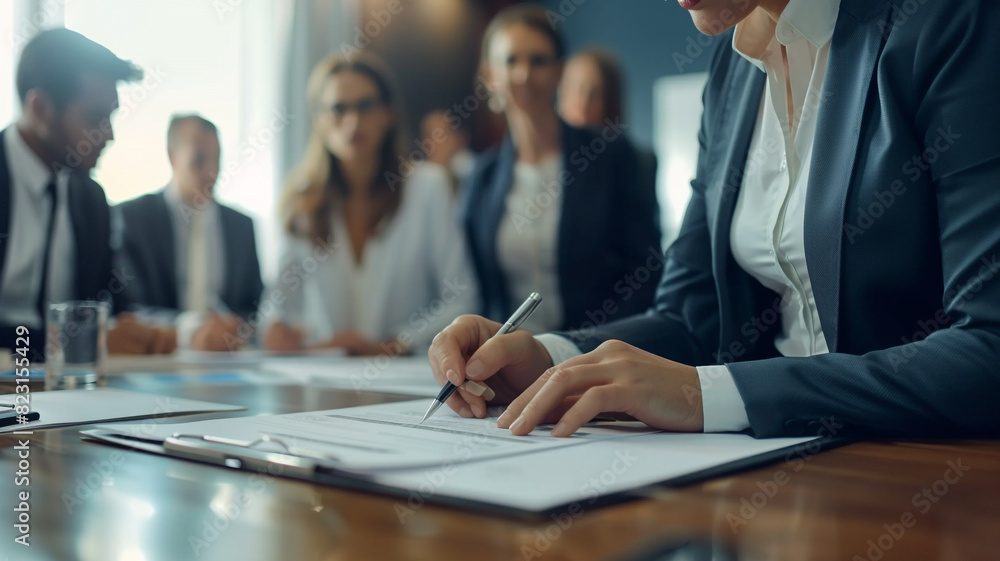 © Osama - Shot of confident businesswoman filling in paperwork in an office. Business persons signing a document during a meeting in board room.