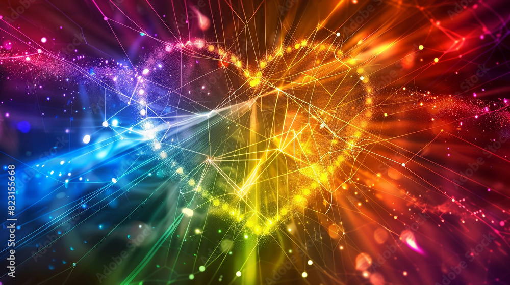 Rainbow heart caught in a web of light beams in Pride gradient colors, abstract and captivating light play. Rainbow heart caught in a web of light beams in Pride gradient colors, abstract and captivating light play.