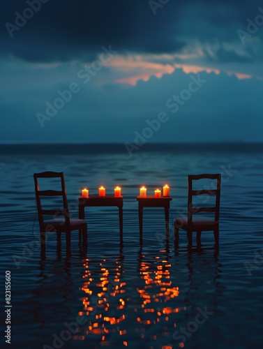 Ethereal scene of candlelit tables and chairs in the water at dusk  creating a magical and serene atmosphere with reflections on the calm surface.