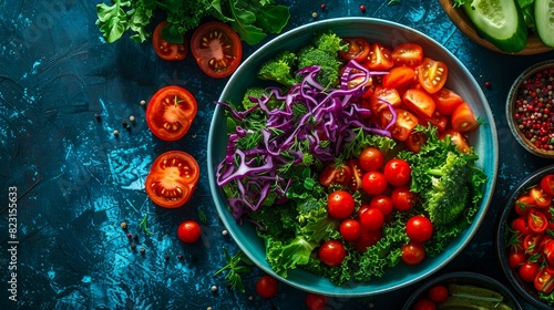 A fresh salad with tomatoes, broccoli, and purple cabbage in a bowl, with sliced tomatoes on the side