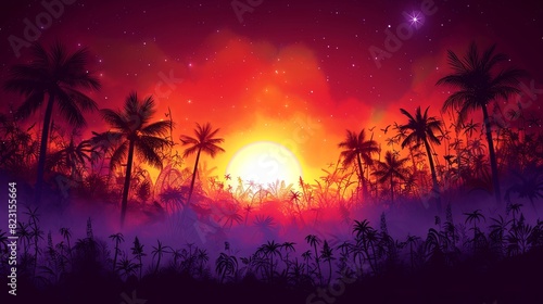 A vibrant sunset with palm trees and a starry sky, creating a tropical and serene atmosphere