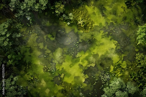 DnD Battlemap battlemap in toxic bog - Surrounded by greenery, battlemap shows a hazardous setting_remains of a bridge in a murky swamp. photo