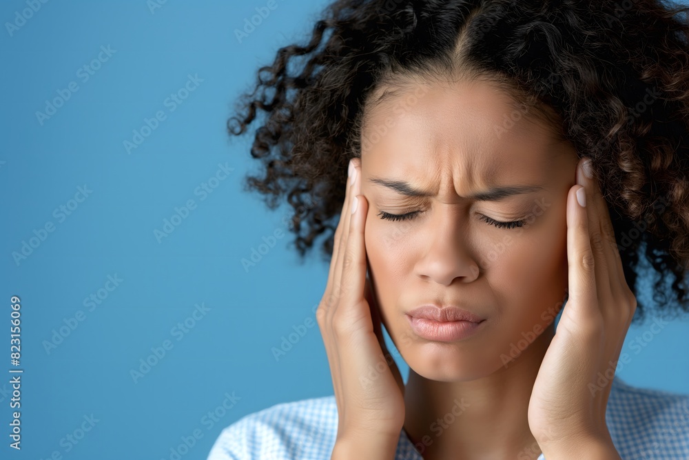 A young woman with curly hair holds her temples in pain, indicating a headache, against a blue background A young woman with curly hair holds her temples in pain, indicating a headache, against a blue background