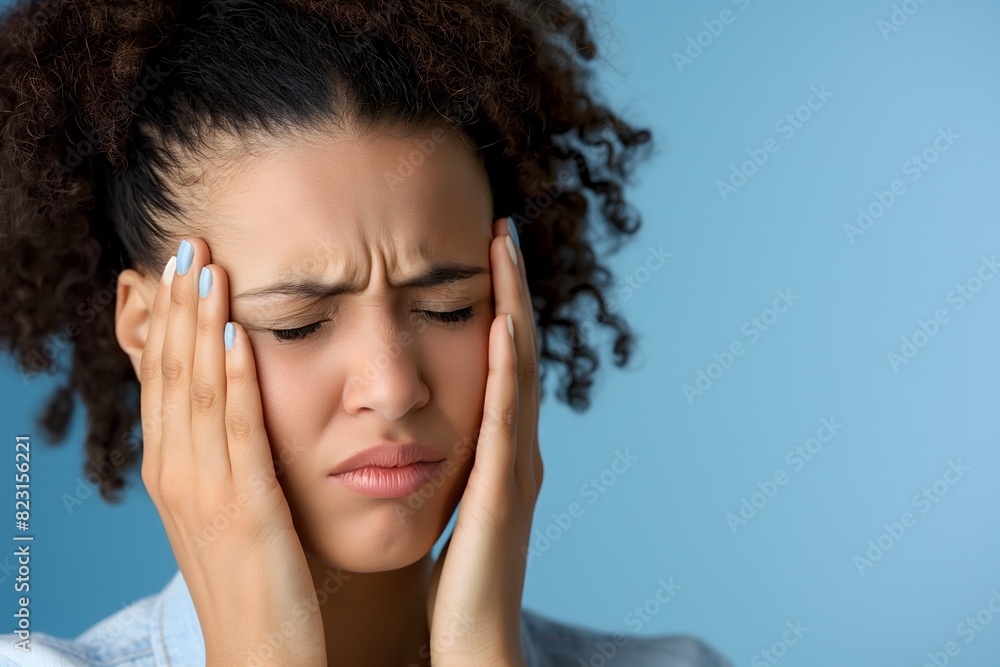 A young woman with curly hair holds her temples in pain, indicating a headache, against a blue background A young woman with curly hair holds her temples in pain, indicating a headache, against a blue background
