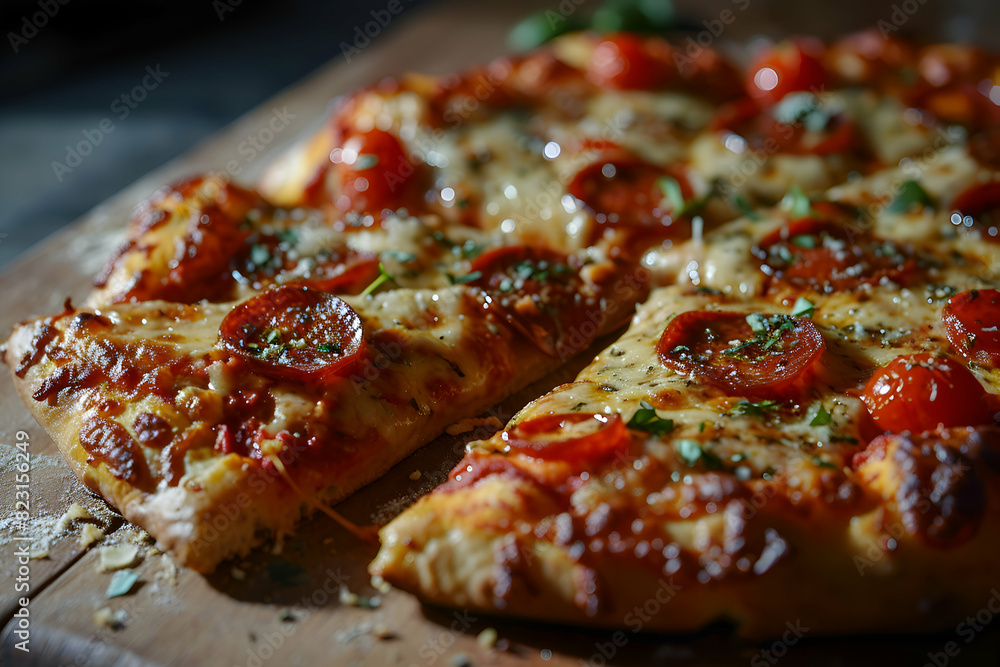Pizza with mozzarella cheese and tomatoes on a wooden board Pizza with mozzarella cheese and tomatoes on a wooden board