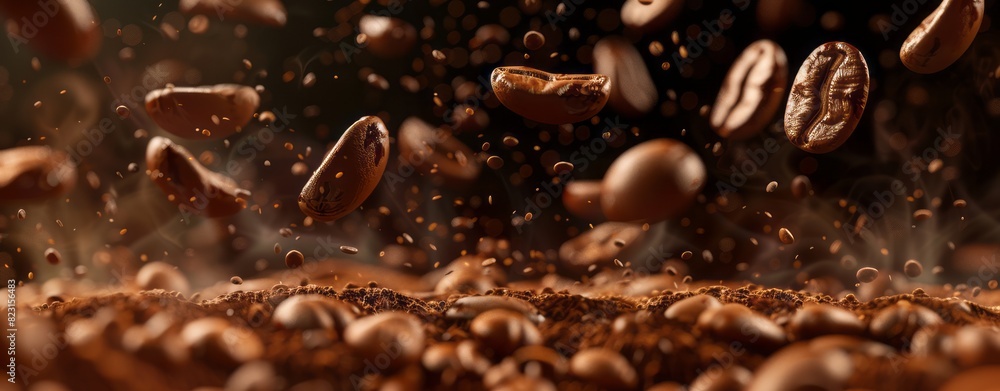 A closeup of coffee beans falling on the ground, captured in motion with a dark background A closeup of coffee beans falling on the ground, captured in motion with a dark background