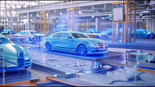 High-tech car manufacturing assembly line showcasing a digital blueprint overlay of vehicles