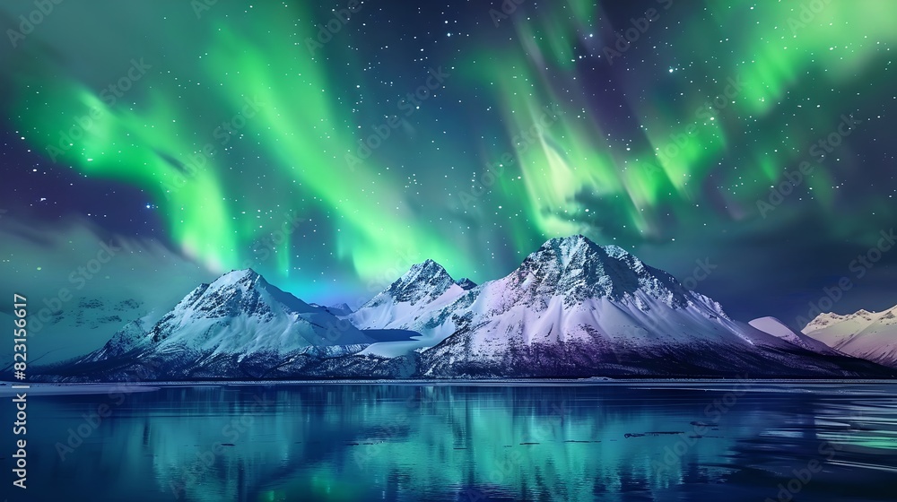 Naklejka premium Scenic view of the Northern Lights over snow-capped mountains. Vibrant colors and breathtaking scenery. Ideal for travel and nature themes. AI