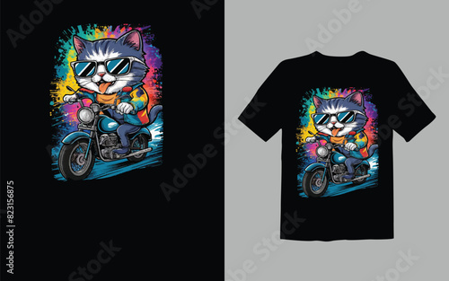 cat wearing sunglasses and a paint splatter t shirt design
