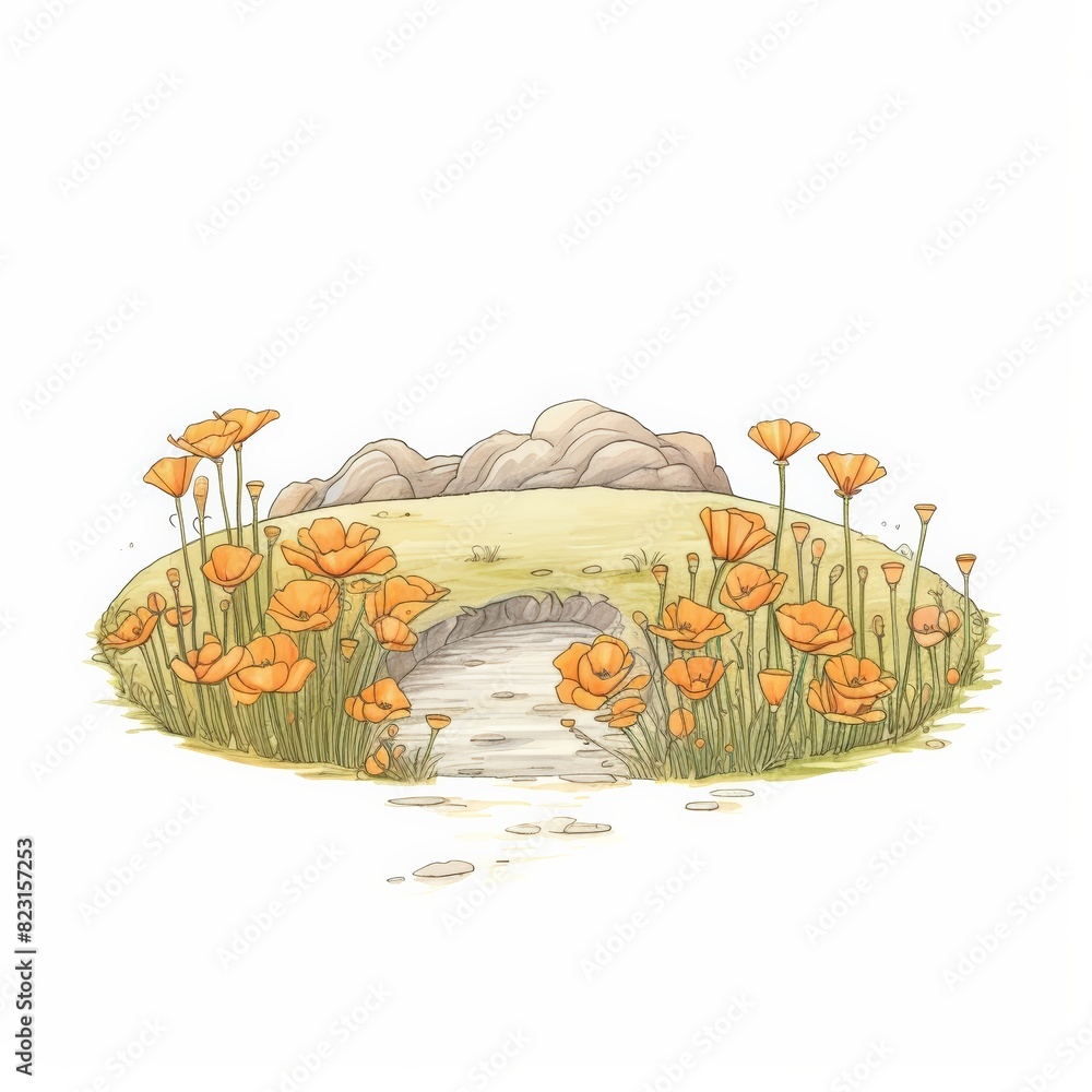 Naklejka premium Hand-drawn illustration of a beautiful meadow with bright orange flowers and a dirt path, set against a backdrop of rolling hills and clear sky.