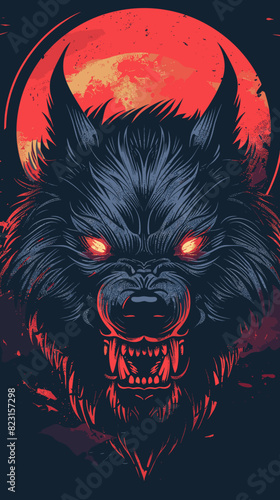 A wolf with glowing red eyes and a red moon in the background. The wolf appears to be angry and ready to attack