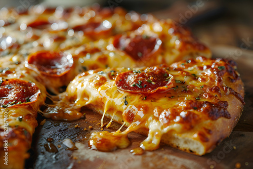 Pizza with salami and mozzarella cheese. selective focus