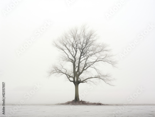 Serene Solitary Tree in Misty Winter Landscape