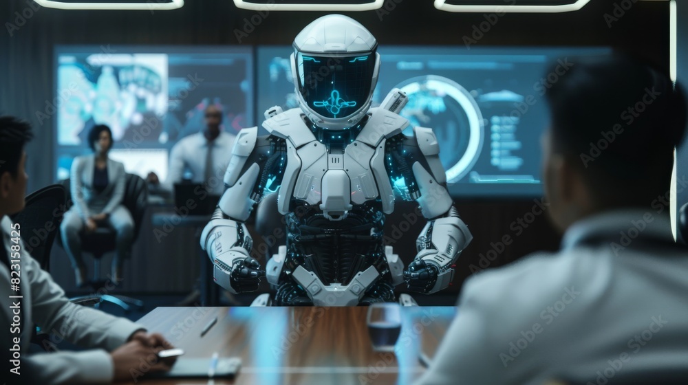 Chief Engineer presents next generation space suit to Board of Directors, complete with AI and neural network systems. Chief Engineer presents next generation space suit to Board of Directors, complete with AI and neural network systems.
