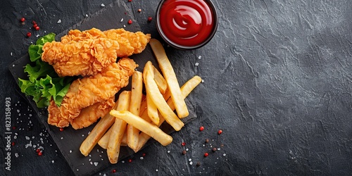 BBQ fried chicken nuggets with tomato, sour sauce. Top view of tasty hot nuggets served with ketchup on black background. Golden deep-fried battered crispy nuggets with french fries. Potato chips pile photo