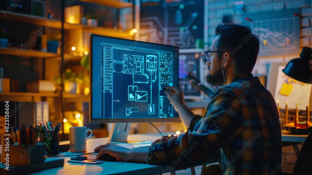 His coworker draws a project plan on the blackboard wall of the Creative Office as he works on a personal computer designing a wireframe. His coworker draws a project plan on the blackboard wall of the Creative Office as he works on a personal computer designing a wireframe.