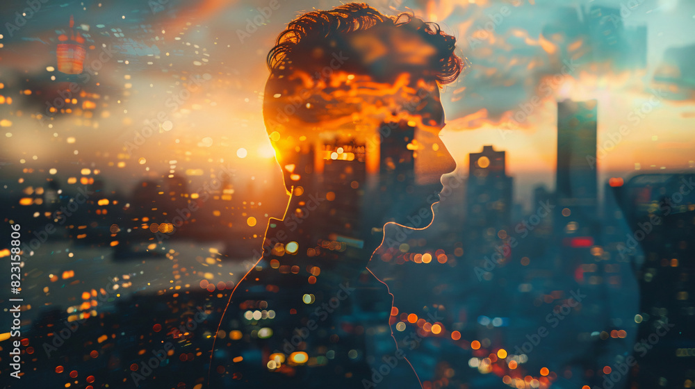 Double exposure of a man and futuristic city, symbolizing modern business and digital growth Double exposure of a man and futuristic city, symbolizing modern business and digital growth