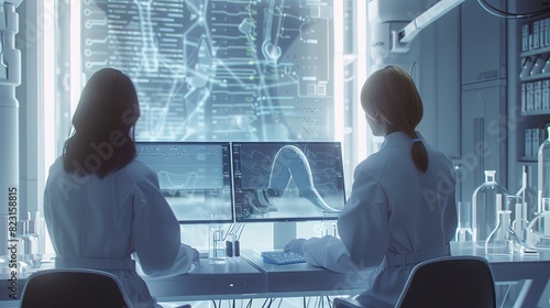 An image of female scientists deciphering sequenced human DNA on the transparent display computer in a futuristic laboratory. photo