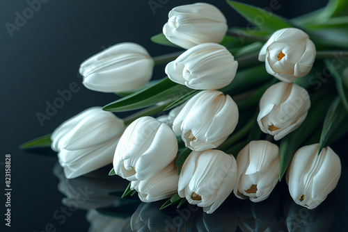 A minimalist arrangement of white tulips on a glossy, jet-black surface photo