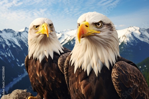 two bald eagles standing on a rock