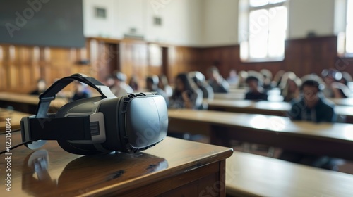 With virtual reality headsets on the students navigate the realistic courtroom environment complete with judges bench witness stand and jury box. photo