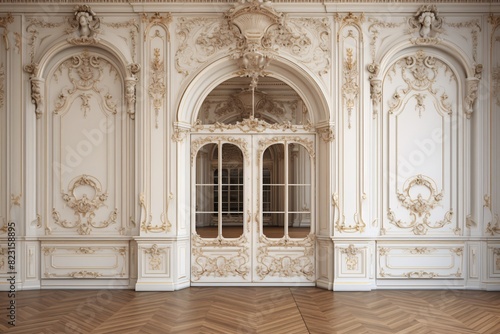 a white ornate room with a door