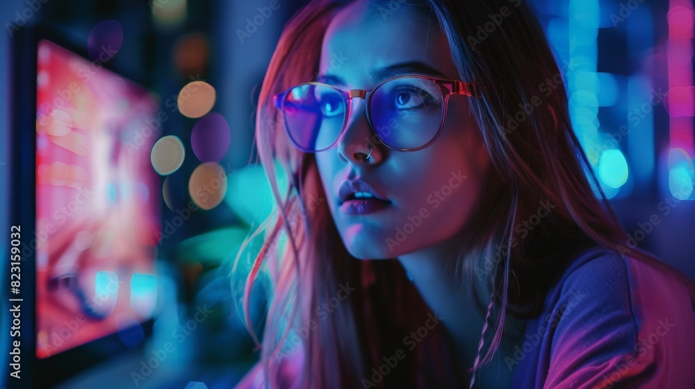 This portrait shows a beautiful young girl who is browsing the internet, playing online games, and streaming on a computer. She wears glasses in a retro neon lit room and is looking beautiful. This portrait shows a beautiful young girl who is browsing the internet, playing online games, and streaming on a computer. She wears glasses in a retro neon lit room and is looking beautiful.