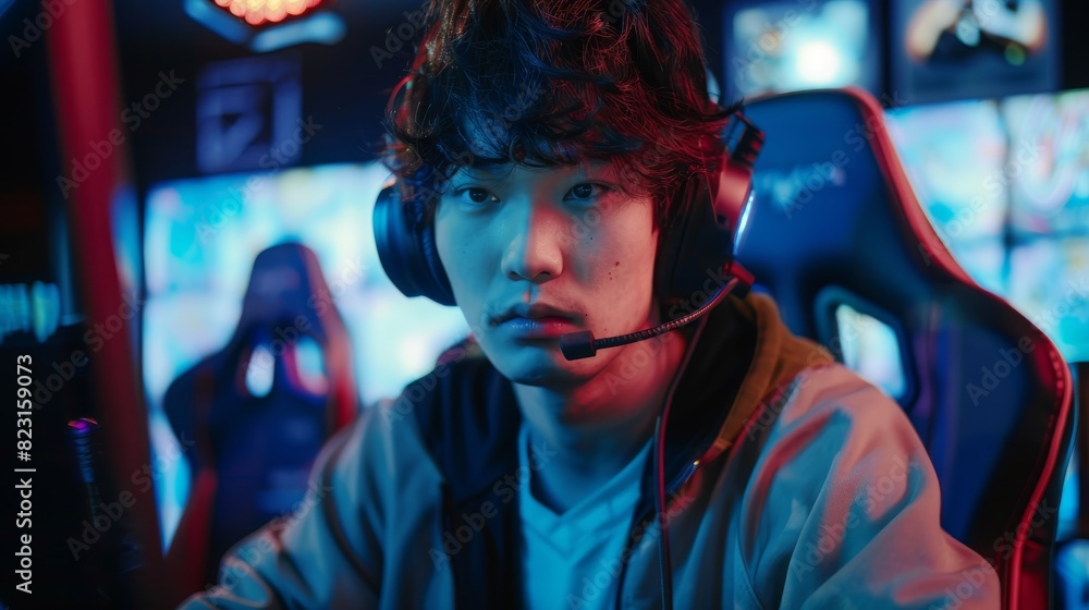 The image shows an East Asian Gamer playing an online game on his computer. He talks to his teammates through the microphone. The room is lit by neon lights in a retro arcade style. The game is a